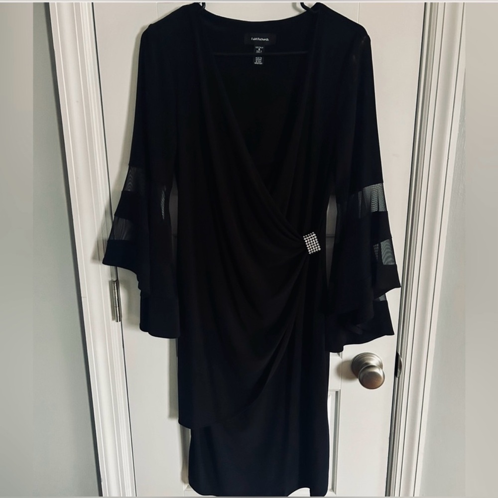 R&M Richards Black Faux Wrap Cocktail Dress with Sheer Mesh Bell Sleeves